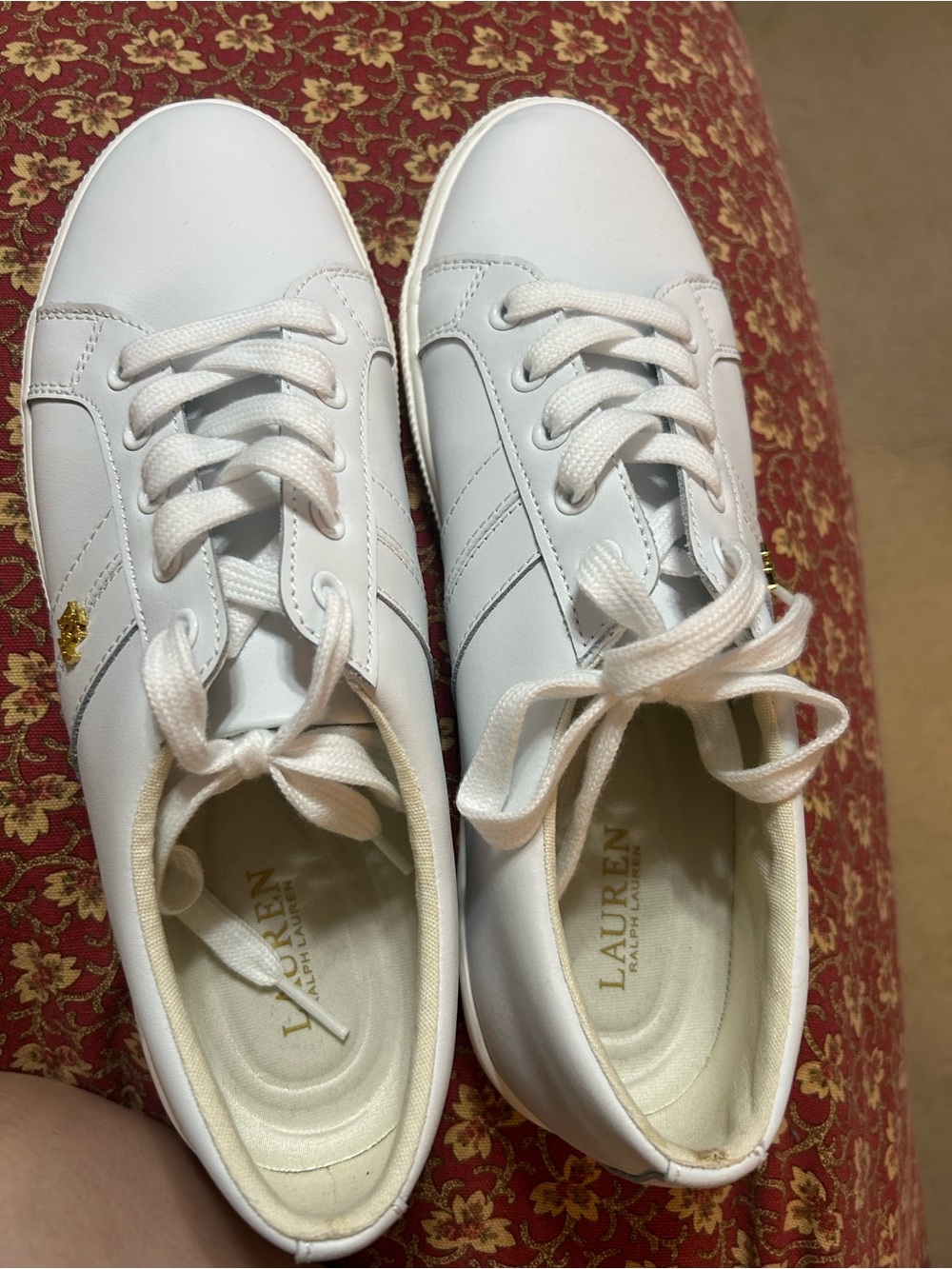 Ralph Lauren White Leather Lace-Up Sneakers with Gold Polo Accent